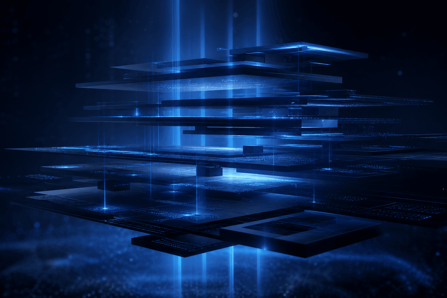 Cinematic software architecture depth — layered engineering visual
